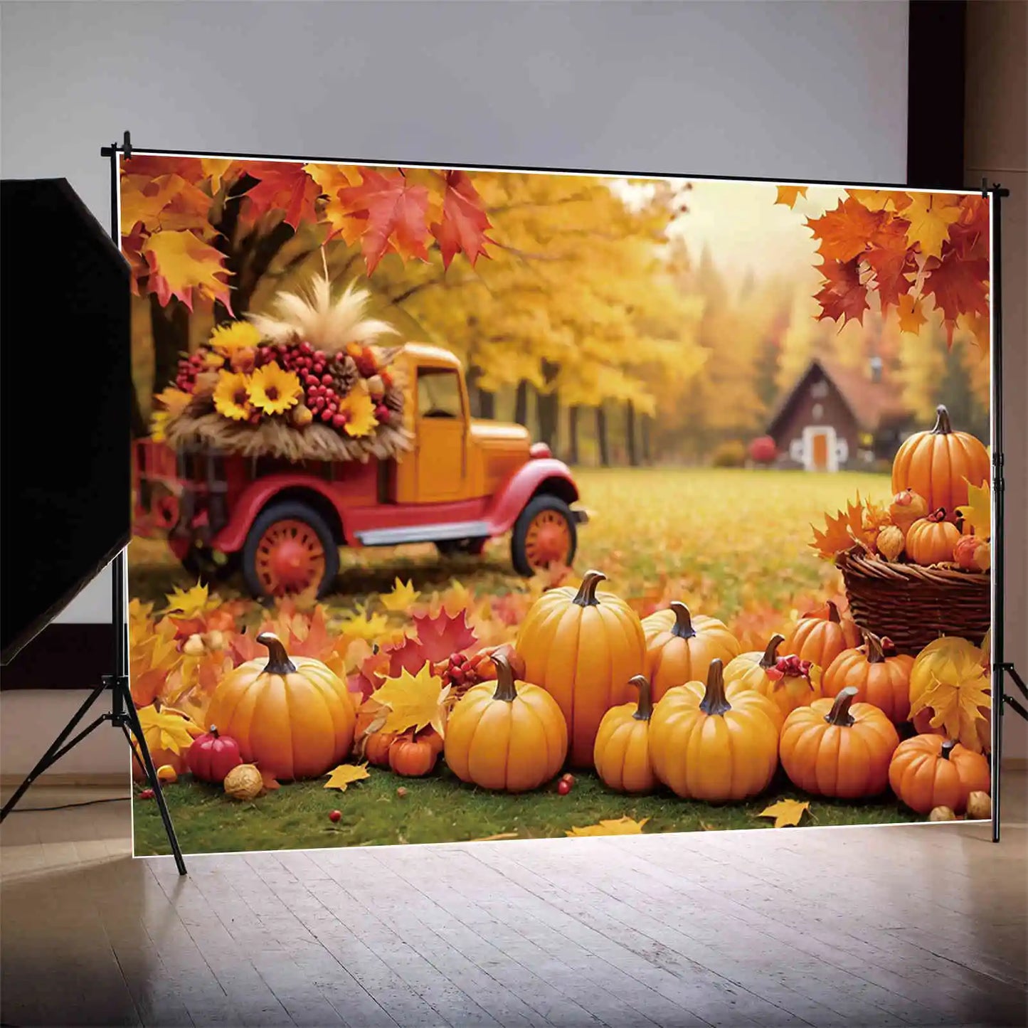 MOON.QG Thanksgiving Photography Backdrop Autumn Harvest Photo Studio Background 2024 Pumpkin Fallen Leaves Farm Truck Back Drop