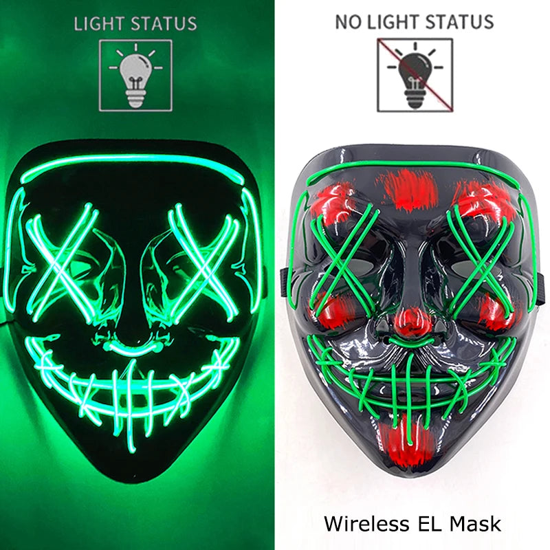 Wireless Halloween Scary Glowing Mask Luminous LED Purge Mask Horror Cosplay Neon Light Up Party Mask Festival Costume Supplies