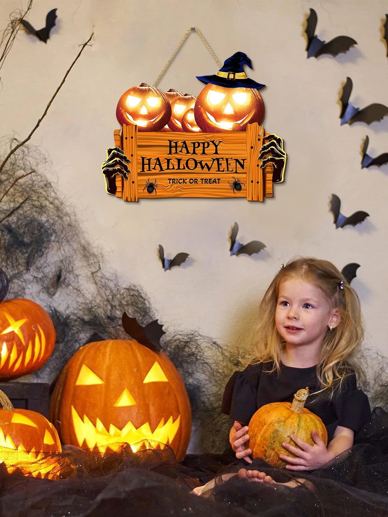 Happy Halloween Wooden Sign, Pumpkin With Hat Wooden Sign,