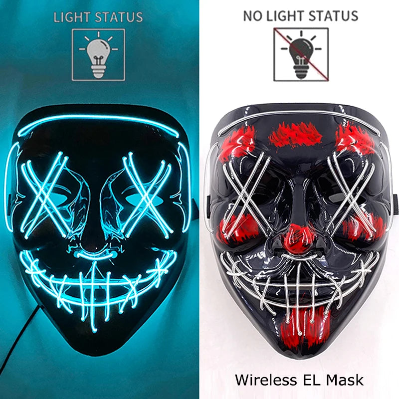 Wireless Halloween Scary Glowing Mask Luminous LED Purge Mask Horror Cosplay Neon Light Up Party Mask Festival Costume Supplies