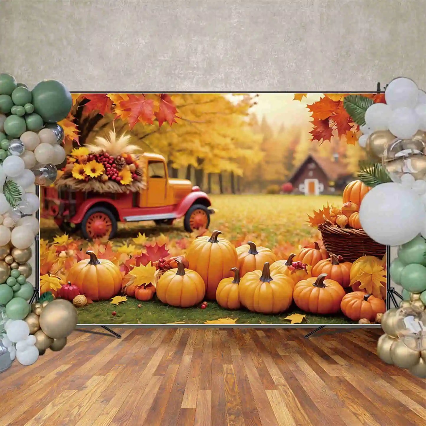 MOON.QG Thanksgiving Photography Backdrop Autumn Harvest Photo Studio Background 2024 Pumpkin Fallen Leaves Farm Truck Back Drop