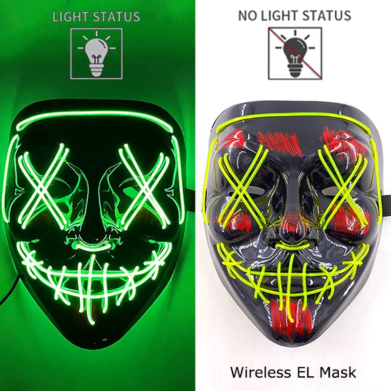 Wireless Halloween Scary Glowing Mask Luminous LED Purge Mask Horror Cosplay Neon Light Up Party Mask Festival Costume Supplies