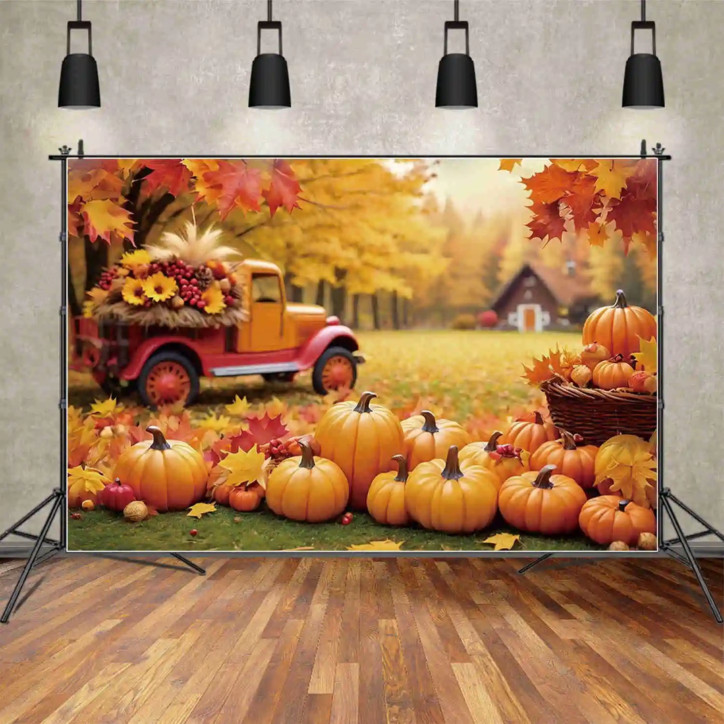 MOON.QG Thanksgiving Photography Backdrop Autumn Harvest Photo Studio Background 2024 Pumpkin Fallen Leaves Farm Truck Back Drop