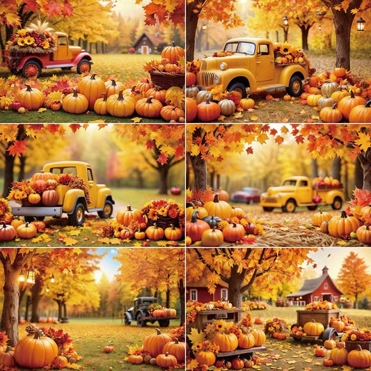 MOON.QG Thanksgiving Photography Backdrop Autumn Harvest Photo Studio Background 2024 Pumpkin Fallen Leaves Farm Truck Back Drop